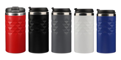 Thermos collection, top view, png isolated background. Thermoses in different colors and similiar shapes. Coffee and tea thermos.