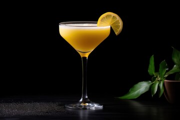  a close up of a drink in a glass with a slice of lemon on the rim and a potted plant in the background.