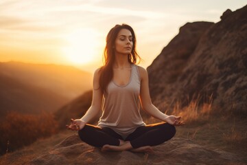  a woman sitting in a yoga position on top of a hill with the sun setting behind her and mountains in the background.