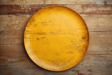  a yellow plate sitting on top of a wooden table next to a wooden wall with peeling paint on the surface.
