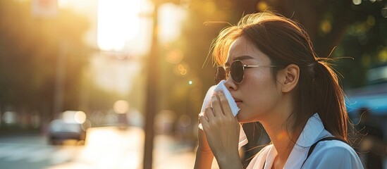 Angry female having sunstroke skin damage from sun UV city air pollution outside on street Overheating Asian beautiful business woman drying sweat her face with cloth in warm summer day hot wea - obrazy, fototapety, plakaty