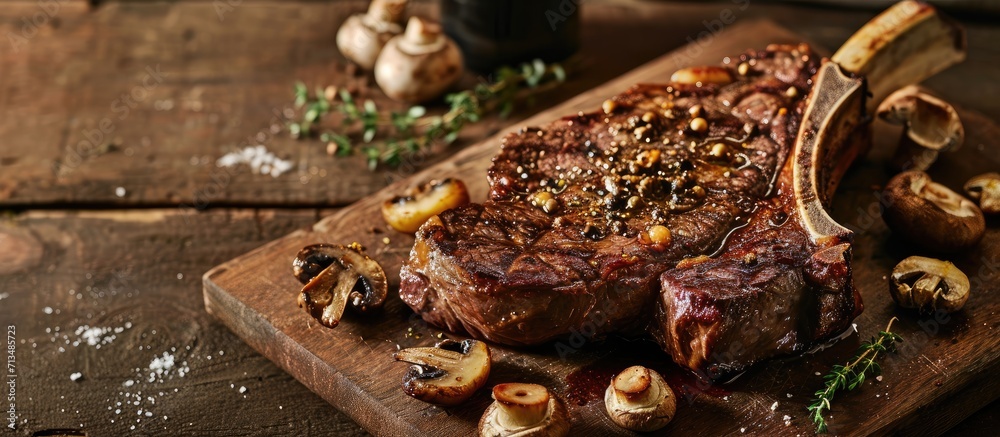Poster Barbecue Tomahawk Steak with Mushrooms on Cutting Board. Copy space image. Place for adding text or design