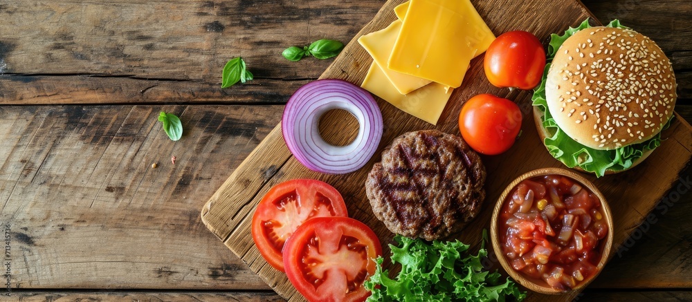Poster beef burger ingredients on a wooden board with a place for text shot from above grilled patty lettuc