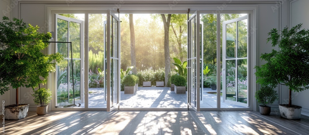 Poster beautiful garden and patio in summer seen from stylish designer room through bifold doors. copy spac