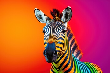  a close up of a zebra's head with a multi - colored background in the background.