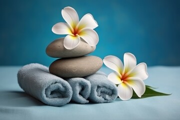  a pile of towels with flowers on top of it and a towel rolled up on top of it with a flower on top of it.