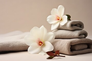  a stack of folded towels with white flowers on top of one folded towel and two folded folded towels on the other.