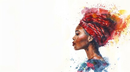 Watercolor painting of an african girl in national colorful headscarf, black history month