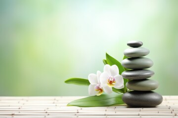  a pile of rocks sitting on top of a wooden table next to a white flower and a green leaf on top of a bamboo mat.