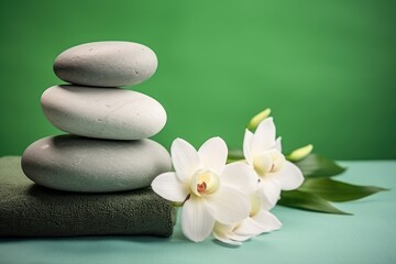  a stack of rocks sitting on top of a towel next to a white flower on top of a green surface.