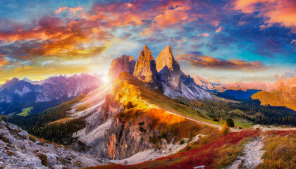 Krajobraz górski, panorama jesienna w górach i zachód słońca