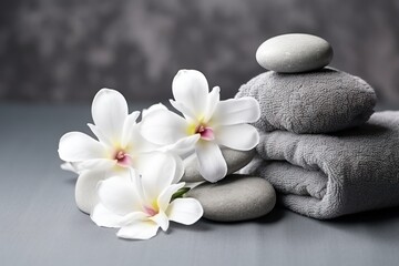  a pile of towels sitting next to a pile of white flowers on top of each other on top of a table.