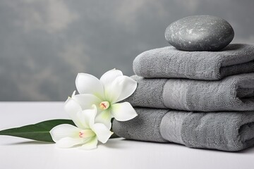 Obraz na płótnie Canvas a stack of towels with a white flower and a rock on top of one of the towels are stacked on top of each other.