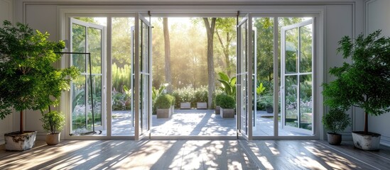 Beautiful garden and patio in summer seen from stylish designer room through bifold doors. Copy space image. Place for adding text or design