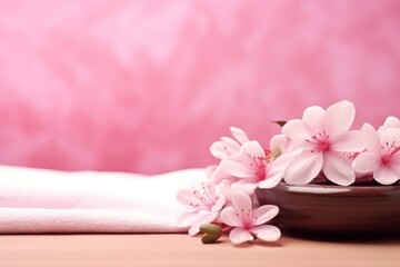  a wooden bowl filled with pink flowers on top of a white towel next to a wooden bowl with pink flowers on top of it.