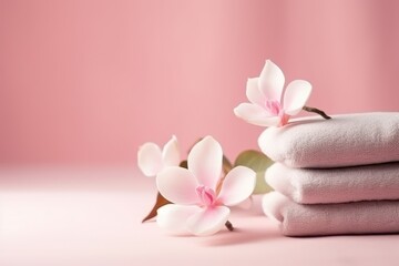 Obraz na płótnie Canvas a stack of folded towels with pink flowers on top of them on a light pink surface with a pink wall in the background.