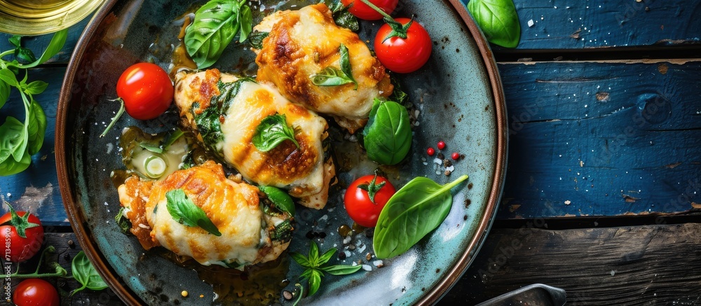 Poster Baked chicken rolls with basil and cheese on plate Healthy lunch Keto diet Top view above. Copy space image. Place for adding text or design