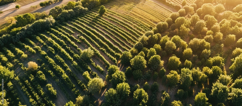 Poster Aerial view Even rows of fruit trees garden field Agricultural production concept Summer sunny day Apple pear trees. Copy space image. Place for adding text or design