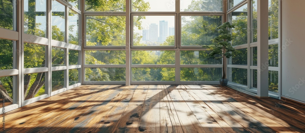 Aufkleber an empty room with wood flooring and two large windows in the photo is taken from inside looking out to outside. Copy space image. Place for adding text or design