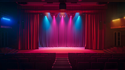 Mini concert school theater with red curtain and stage lights, spotlight on stage