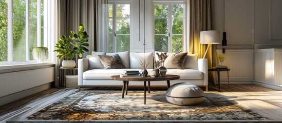 A cozy living room interior featuring two matching end tables placed side by side on top of an area rug. Copy space image. Place for adding text or design