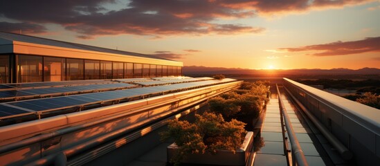 row of solar panel roofs at sunset