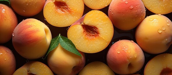 sliced peaches on top. Top view of fresh organic fruit