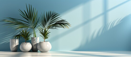 Fototapeta na wymiar Studio interior space with light blue background with shadow of tropical palm leaves. 3d rendering of square empty space for product placement
