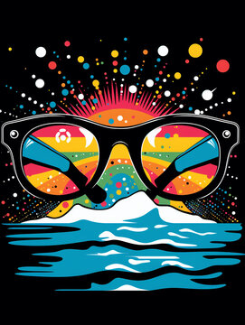 T-shirt design, a bold, pop-art inspired image of a pair of sunglasses reflecting a beach scene, created using bright colors and halftone dots created with Generative Ai