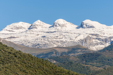Tres Sorores, Puértolas village and Ordesa i Monte Perdido National Park mountains, Province of Huesca, Aragon