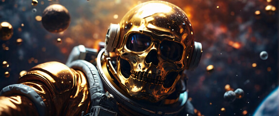 Golden Key unlocking the Cosmic Door of Technological Horror with Astronaut Skull in 3D Space