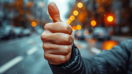 Close-up of a hand gesturing thumbs up on a rainy city street