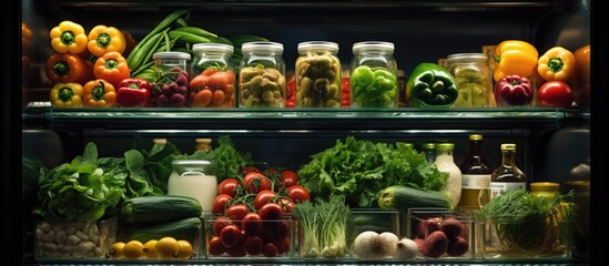 View of various fresh foods in a large refrigerator. modern supermarket background