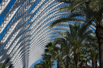 Fototapeta na wymiar White open air steel structure above a palm tree garden
