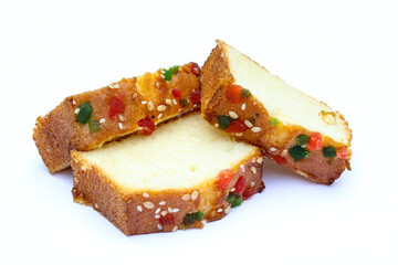 Dry Fruit cakes sliced on white background close-up view 