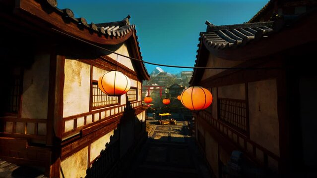 A picturesque narrow alley adorned with traditional lanterns in a Japanese temple
