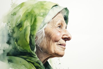 A grandmother in a green headscarf - obrazy, fototapety, plakaty