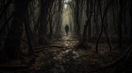 A lone figure in an eerie place. The concept of loneliness. Wandering in the darkness. Concept of supernatural.
