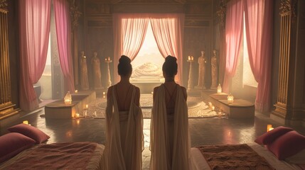 beautiful women standing backs towards the viewer while wearing togas in a dim large neoclassical room with pink pillows - obrazy, fototapety, plakaty
