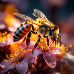Honeybee pollinating peach blossom. Pollination concept.