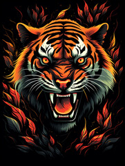 T-shirt design, a striking graphic of a roaring tiger, its stripes transforming into a blazing forest fire created with Generative Ai