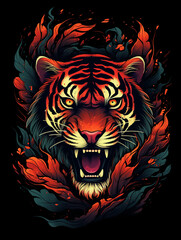 T-shirt design, a striking graphic of a roaring tiger, its stripes transforming into a blazing forest fire created with Generative Ai