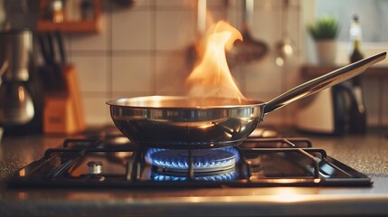 metal shiny frying pan on a gas stove against the background of a blurry image of the kitchen. fire over the frying pan. cooking over a fire, creating a flame - obrazy, fototapety, plakaty