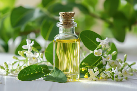Bottle with cosmetic moringa  oil and moringa leaves and flowers.