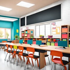 Modern elementary school classroom with organized desks, a sleek blackboard, and backpacks in lively colors