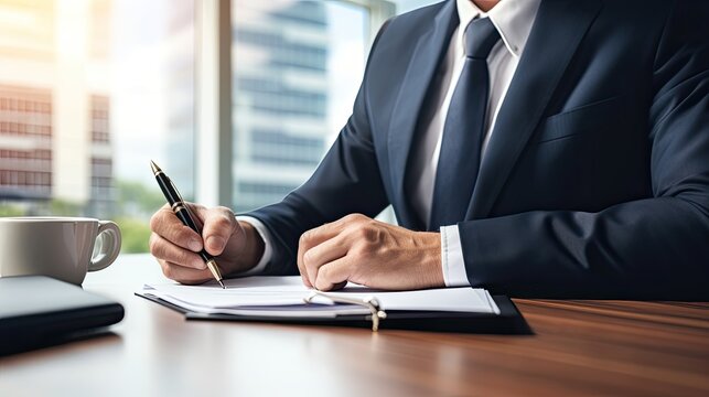 A man in a suit signs an important document (contract, certificate). The concept of responsibility. Completion of a business transaction. Illustration for banner, poster, cover, brochure, presentation - Powered by Adobe