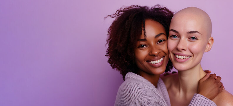 A young woman hugs and supports her bald friend who is fighting cancer, banner