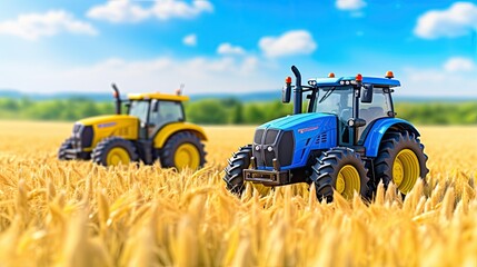 The combine is harvesting. Toy tractor in the field of cereals.  Illustration for cover, card, postcard, interior design, banner, poster, brochure or presentation.