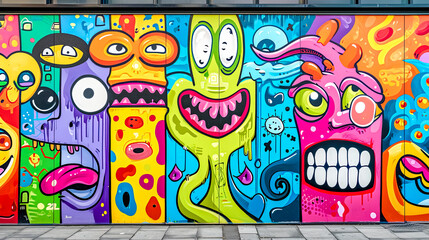 A vibrant and eclectic street art mural featuring a collage of cartoonish, colorful characters with exaggerated expressions