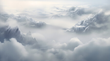 Fototapeta na wymiar Wonderful minimalist landscape with mountain top above dense low clouds. mountain vertex floats in thick clouds. scenic minimalism with mountain peak above cloudy sky. beautiful summit in cloudiness 